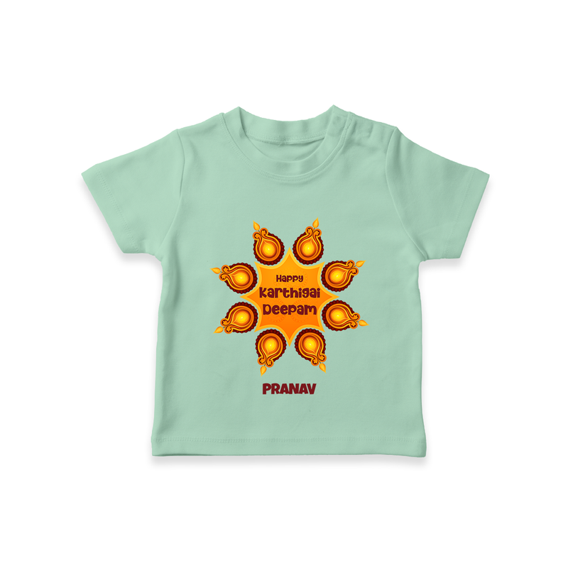 Happy Karthigai Deepam Ð Celebrate Bright: T-Shirt For Kids With Customized Name - MINT GREEN - 0-5 Months Old (Chest 17")