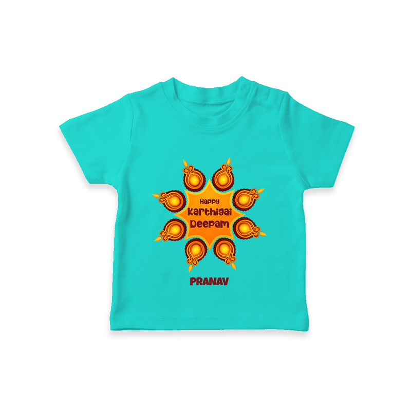 Happy Karthigai Deepam Ð Celebrate Bright: T-Shirt For Kids With Customized Name - TEAL - 0-5 Months Old (Chest 17")