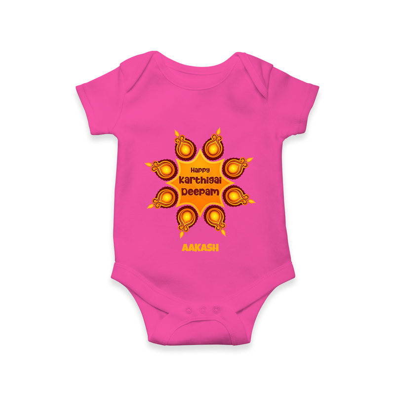 Happy Karthigai Deepam Ð Celebrate Bright: Romper For Babies With Customized Name - HOT PINK - 0 - 3 Months Old (Chest 16")