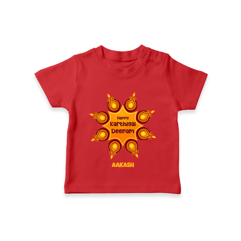 Happy Karthigai Deepam Ð Celebrate Bright: T-Shirt For Kids With Customized Name - RED - 0-5 Months Old (Chest 17")