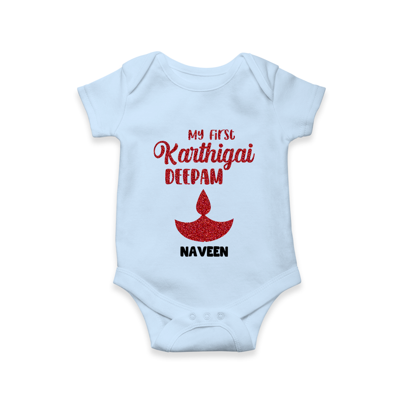 My First Karthigai Deepam Themed Personalized Romper With Name For Babies - BABY BLUE - 0 - 3 Months Old (Chest 16")