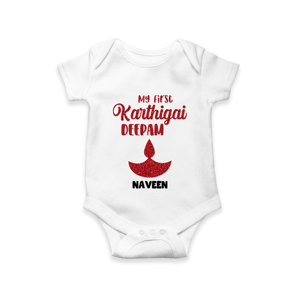 My First Karthigai Deepam Themed Personalized Romper With Name For Babies - WHITE - 0 - 3 Months Old (Chest 16")