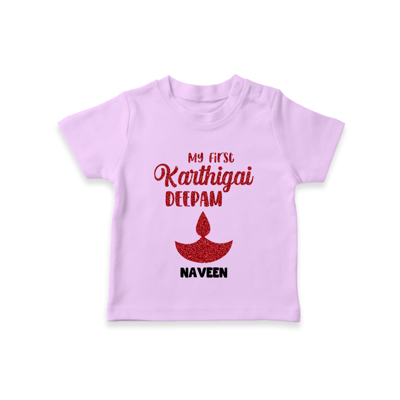 My First Karthigai Deepam Themed Personalized T-Shirt With Name For Kids - LILAC - 0-5 Months Old (Chest 17")