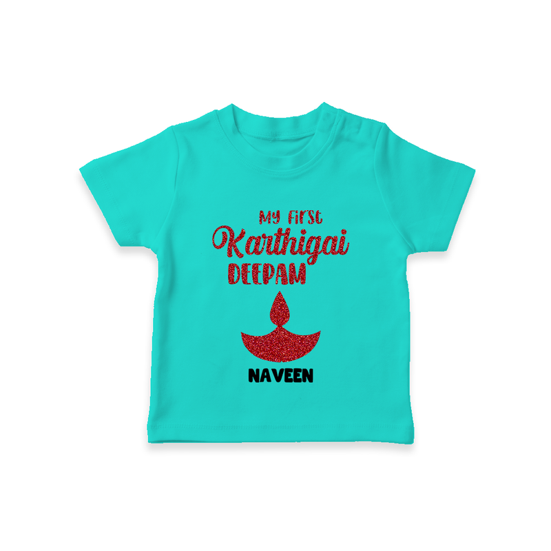 My First Karthigai Deepam Themed Personalized T-Shirt With Name For Kids - TEAL - 0-5 Months Old (Chest 17")