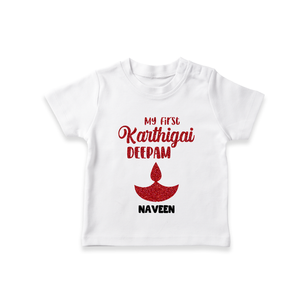 My First Karthigai Deepam Themed Personalized T-Shirt With Name For Kids - WHITE - 0-5 Months Old (Chest 17")