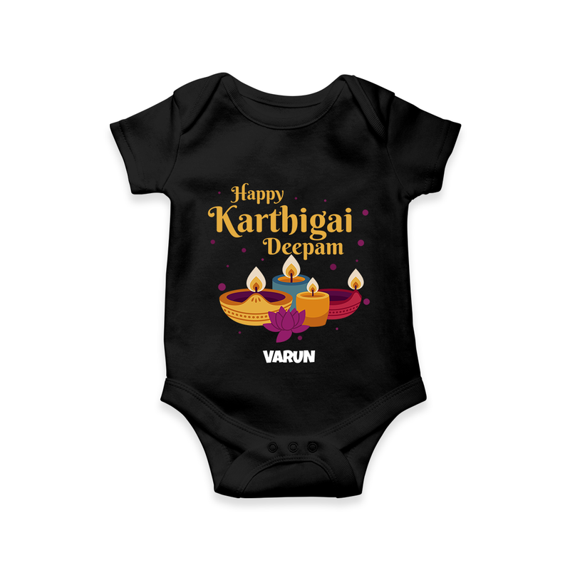 Happy Karthigai Deepam Ð Tiny Lamp: Customized Romper For Babies with Name - BLACK - 0 - 3 Months Old (Chest 16")