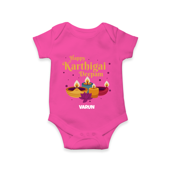 Happy Karthigai Deepam Ð Tiny Lamp: Customized Romper For Babies with Name - HOT PINK - 0 - 3 Months Old (Chest 16")