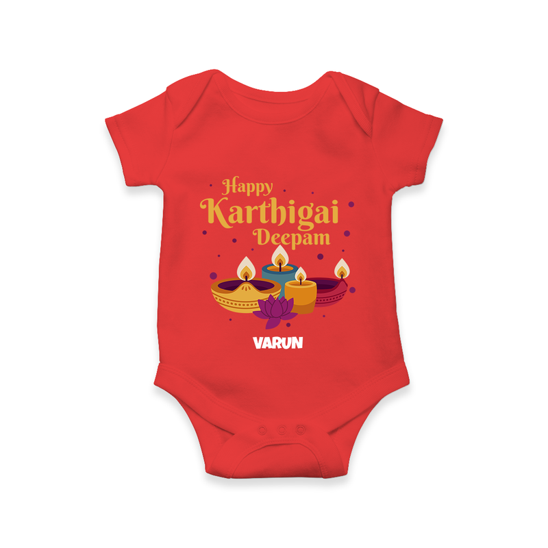 Happy Karthigai Deepam Ð Tiny Lamp: Customized Romper For Babies with Name - RED - 0 - 3 Months Old (Chest 16")