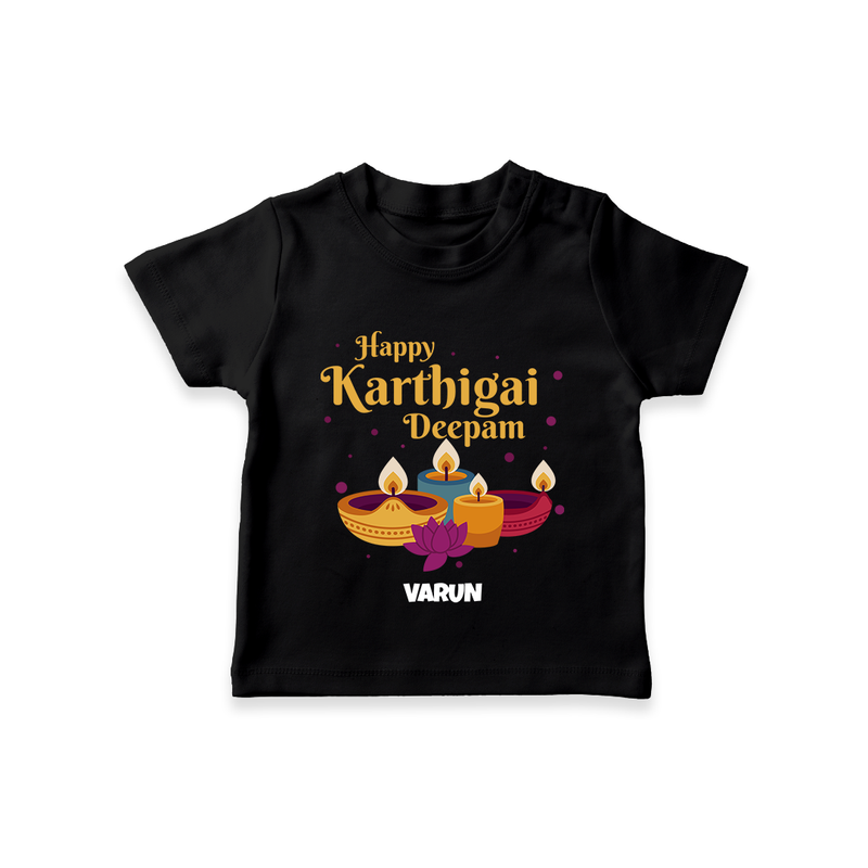 Happy Karthigai Deepam Ð Tiny Lamp: Customized T-Shirt For Kids with Name - BLACK - 0-5 Months Old (Chest 17")