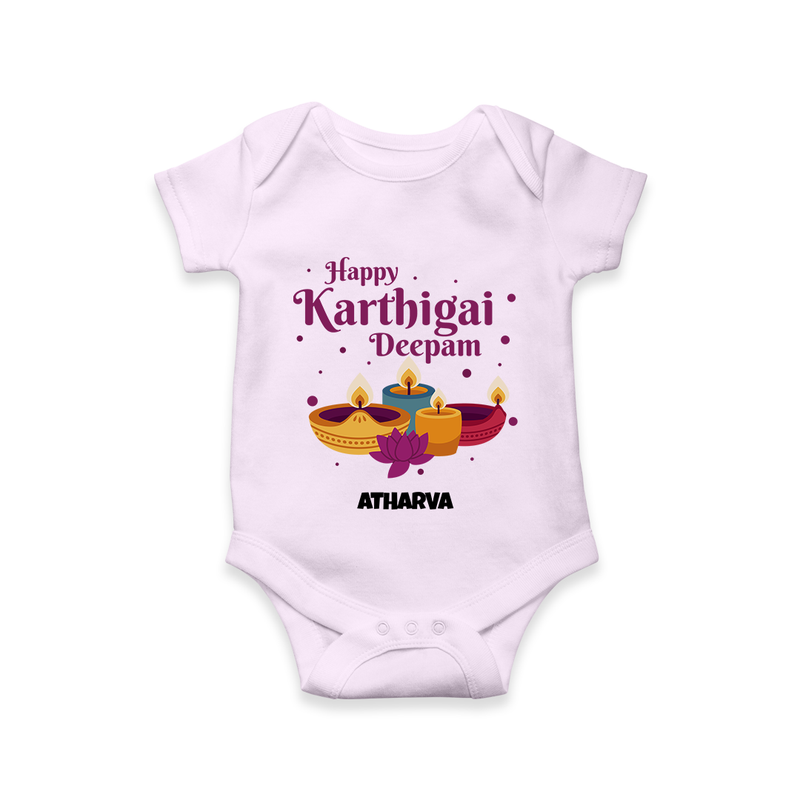 Happy Karthigai Deepam Ð Tiny Lamp: Customized Romper For Babies with Name - LILAC - 0 - 3 Months Old (Chest 16")