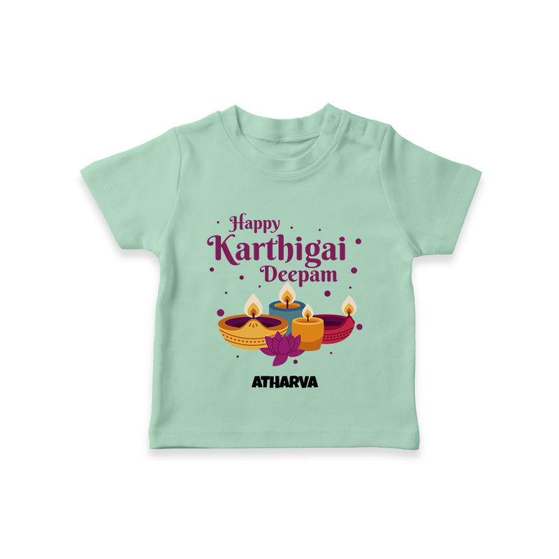 Happy Karthigai Deepam Ð Tiny Lamp: Customized T-Shirt For Kids with Name - MINT GREEN - 0-5 Months Old (Chest 17")