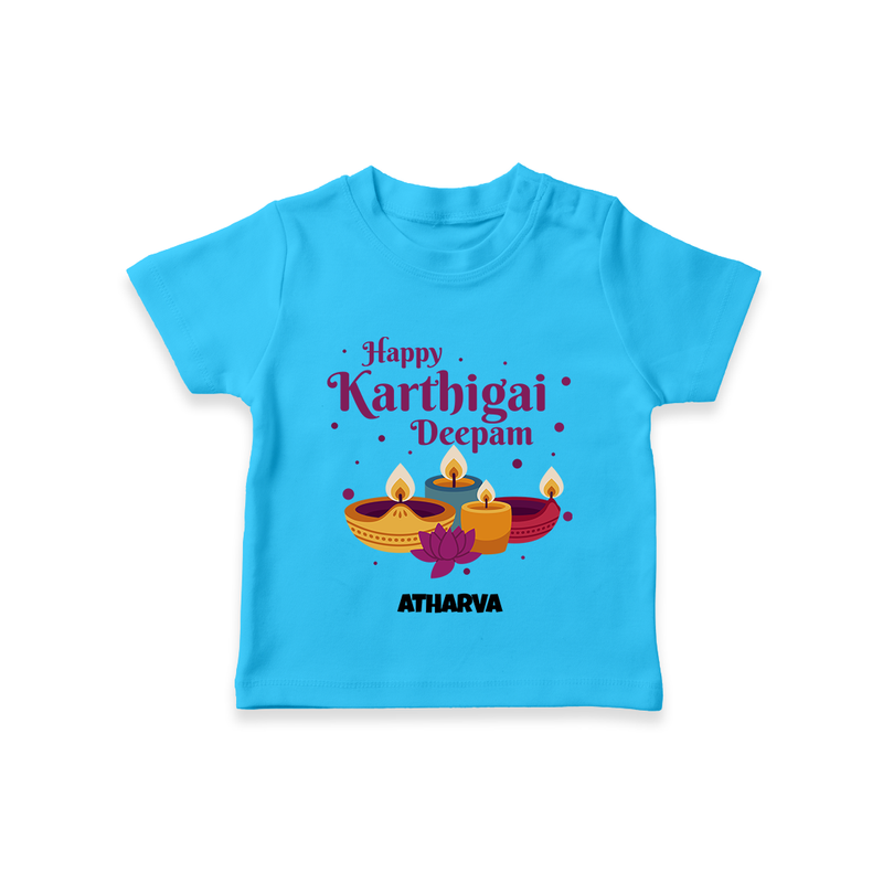 Happy Karthigai Deepam Ð Tiny Lamp: Customized T-Shirt For Kids with Name - SKY BLUE - 0-5 Months Old (Chest 17")