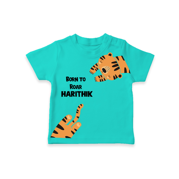 Born to Roar – Personalised Kids T-Shirt - TEAL - 0-5 Months Old (Chest 17")