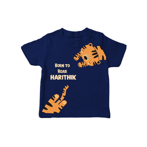 Born to Roar – Personalised Kids T-Shirt - NAVY BLUE - 0-5 Months Old (Chest 17")