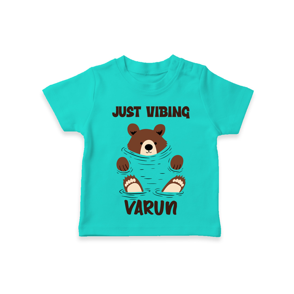 Just Vibing Bear – Personalised Kids T-Shirt - TEAL - 0-5 Months Old (Chest 17")