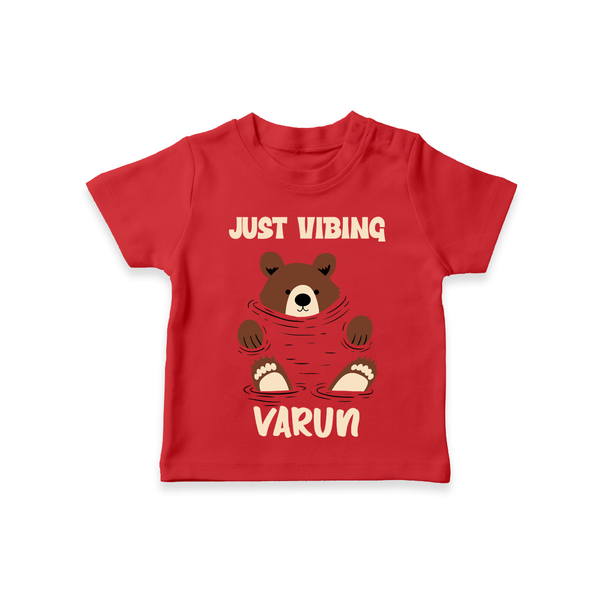 Just Vibing Bear – Personalised Kids T-Shirt - RED - 0-5 Months Old (Chest 17")
