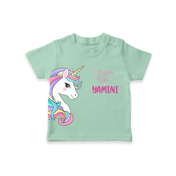 Dream Big Unicorn – Personalised Kids T-Shirt - MINT GREEN - 0-5 Months Old (Chest 17")