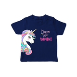 Dream Big Unicorn – Personalised Kids T-Shirt - NAVY BLUE - 0-5 Months Old (Chest 17")