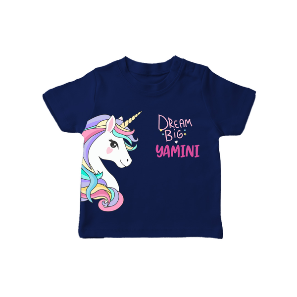 Dream Big Unicorn – Personalised Kids T-Shirt - NAVY BLUE - 0-5 Months Old (Chest 17")