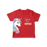 Dream Big Unicorn – Personalised Kids T-Shirt - RED - 0-5 Months Old (Chest 17")