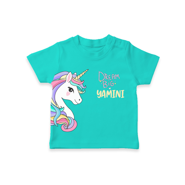 Dream Big Unicorn – Personalised Kids T-Shirt - TEAL - 0-5 Months Old (Chest 17")