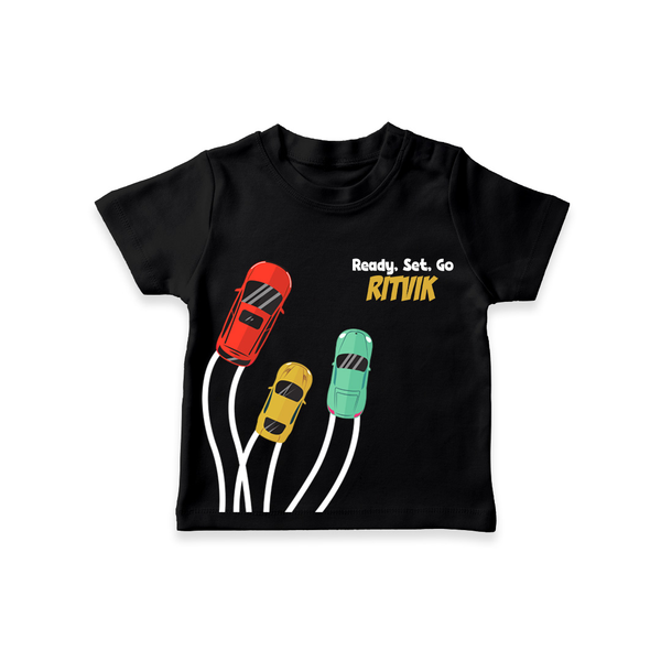 Ready, Set, Go – Personalised Kids T-Shirt - BLACK - 0-5 Months Old (Chest 17")