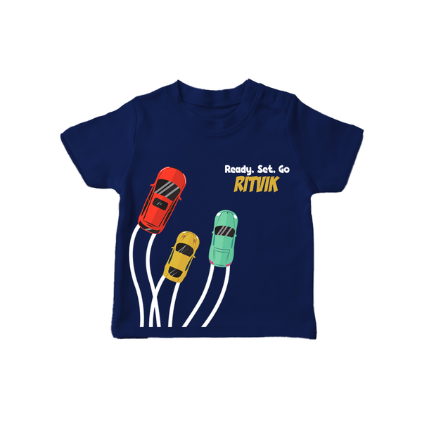 Ready, Set, Go – Personalised Kids T-Shirt - NAVY BLUE - 0-5 Months Old (Chest 17")