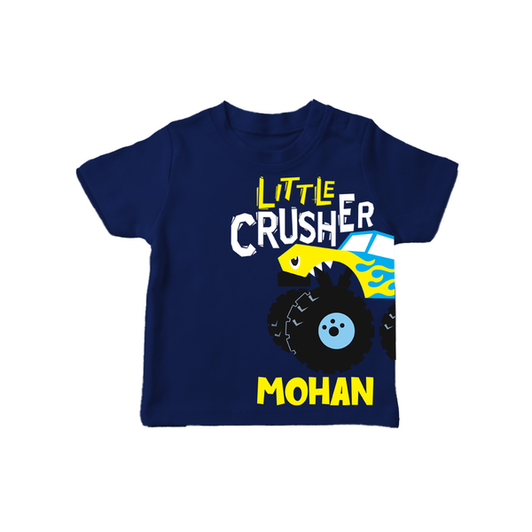 Little Crusher Truck – Personalised Kids T-Shirt - NAVY BLUE - 0-5 Months Old (Chest 17")