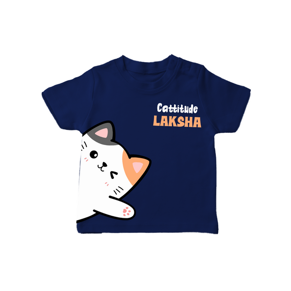 Cattitude – Personalised Kids T-Shirt - NAVY BLUE - 0-5 Months Old (Chest 17")