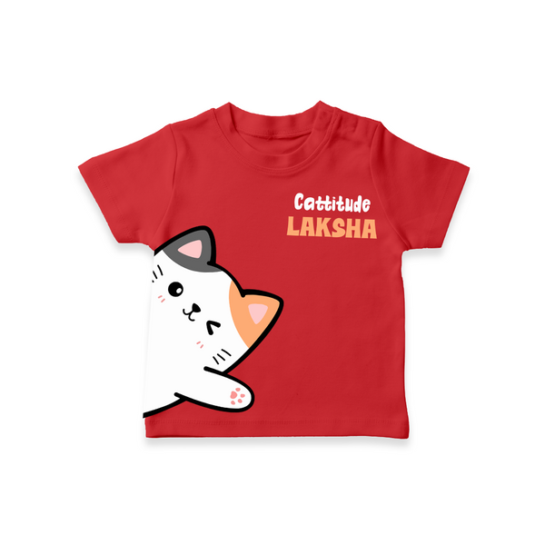 Cattitude – Personalised Kids T-Shirt - RED - 0-5 Months Old (Chest 17")