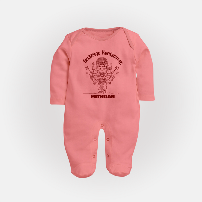 Arulmigu Koniamman - Customized Sleep Suit For Babies With Name - PEACH - New Born (Chest 7.5")