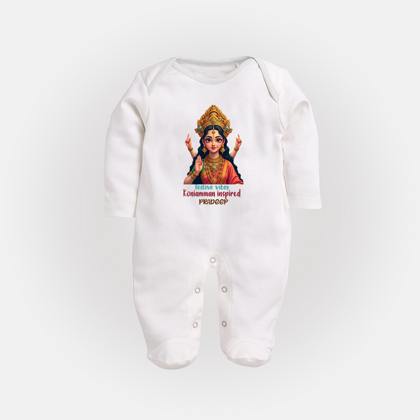 Divine Journey of Koniamman - Customized Sleep Suit For Babies With Name - WHITE - New Born (Chest 7.5")