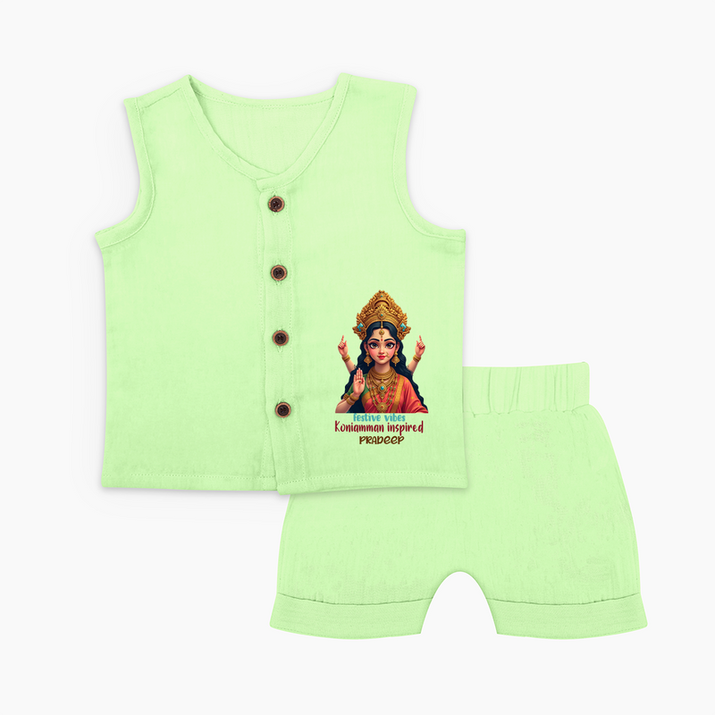 Divine Journey of Koniamman - Customized Jabla Set For Babies With Name - PASTEL GREEN - 0 - 3 Months Old (Chest 9.8")