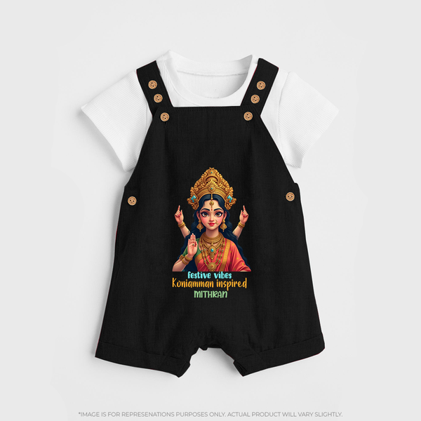 Divine Journey of Koniamman - Customized Dungaree Set For Kids With Name - BLACK - 0 - 5 Months Old (Chest 18")