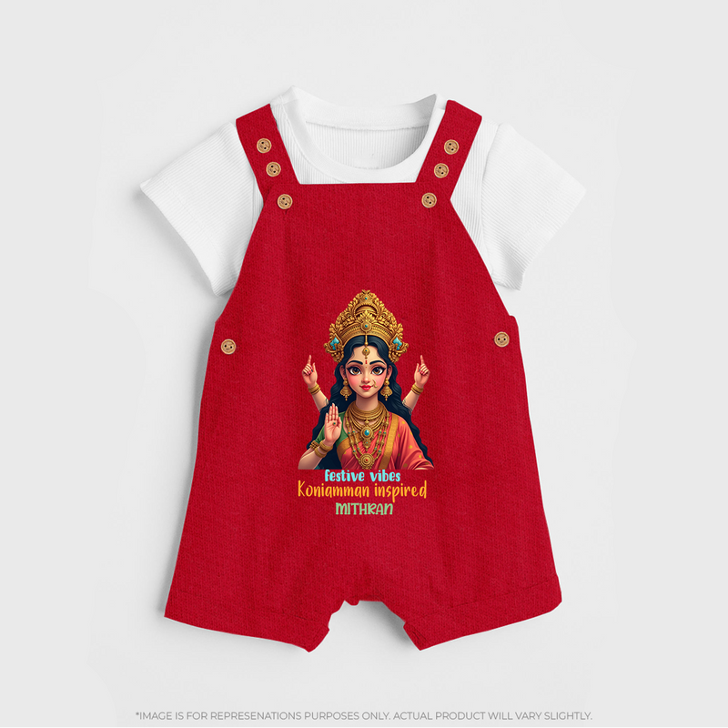 Divine Journey of Koniamman - Customized Dungaree Set For Kids With Name - RED - 0 - 5 Months Old (Chest 18")