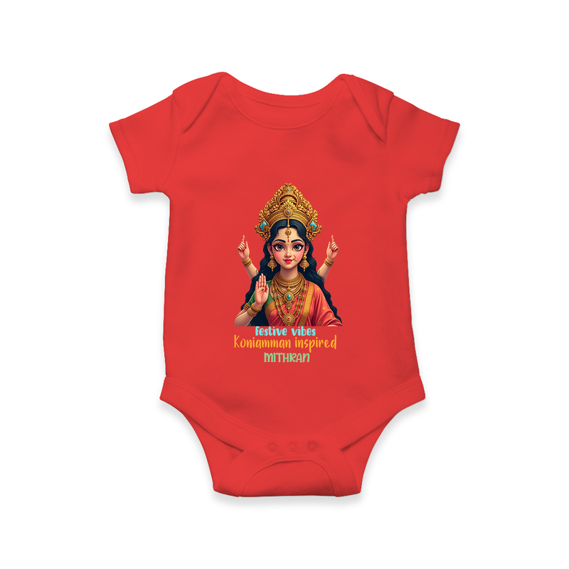 Divine Journey of Koniamman - Customized Romper For Babies With Name - RED - 0 - 3 Months Old (Chest 16")