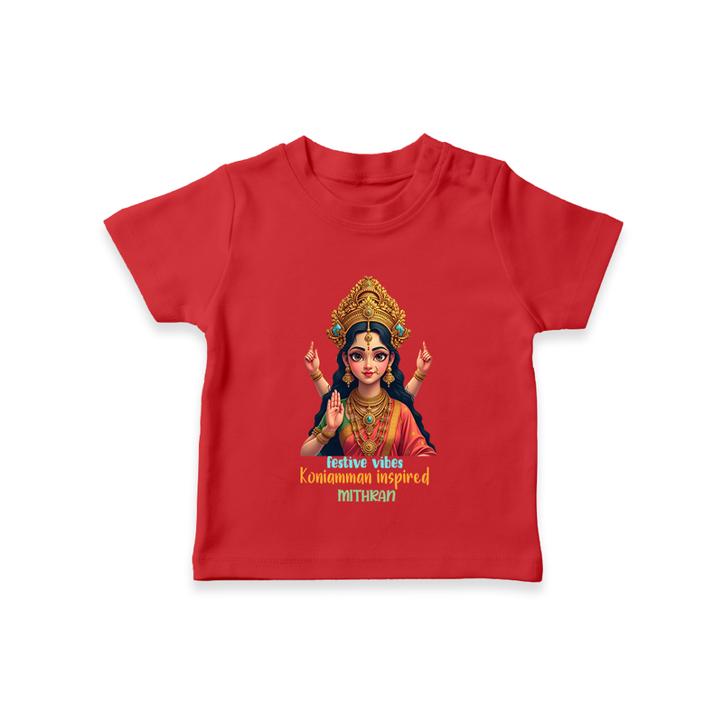 Divine Journey of Koniamman - Customized T-Shirt For Kids With Name - RED - 0-5 Months Old (Chest 17")