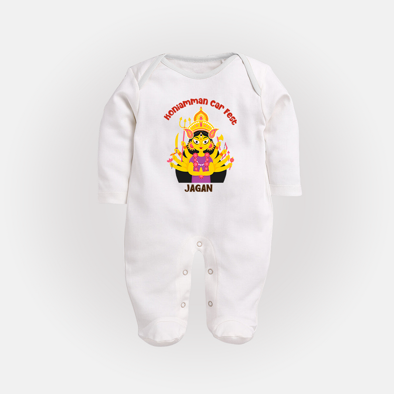 A Divine Ride with Koniamman - Customized Sleep Suit For Babies With Name - WHITE - New Born (Chest 7.5")