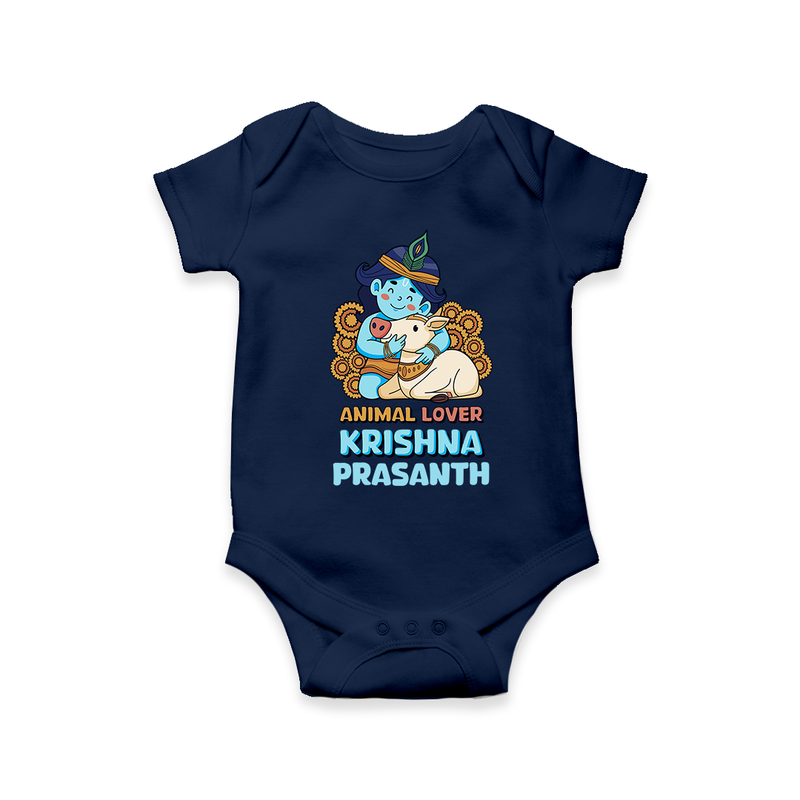 Animal Lover Krishna - Customised Romper for kids - NAVY BLUE - 0 - 3 Months Old (Chest 16")