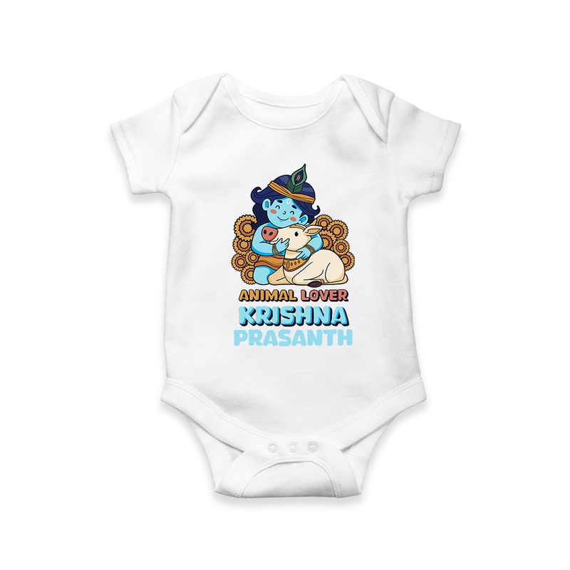 Animal Lover Krishna - Customised Romper for kids - WHITE - 0 - 3 Months Old (Chest 16")