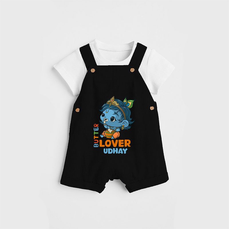 Butter Lover Krishna - Customised Dungaree for kids - BLACK - 0 - 5 Months Old (Chest 18")