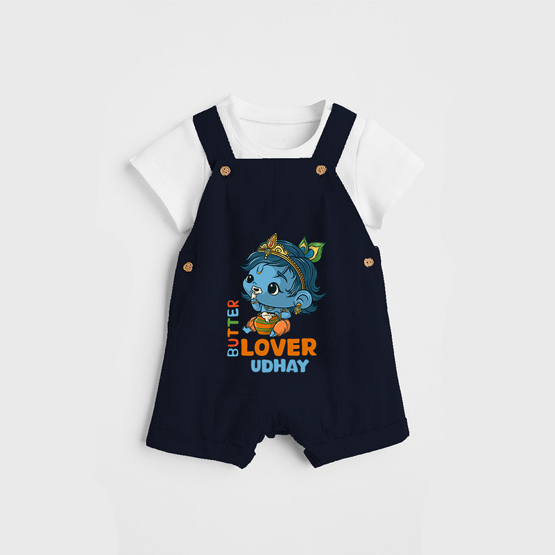 Butter Lover Krishna - Customised Dungaree for kids - NAVY BLUE - 0 - 5 Months Old (Chest 18")