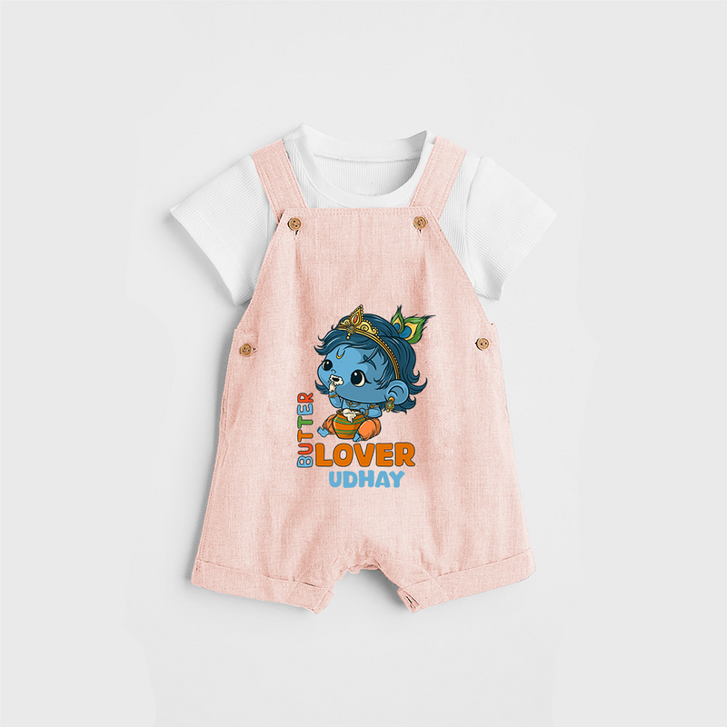 Butter Lover Krishna - Customised Dungaree for kids - PEACH - 0 - 5 Months Old (Chest 18")