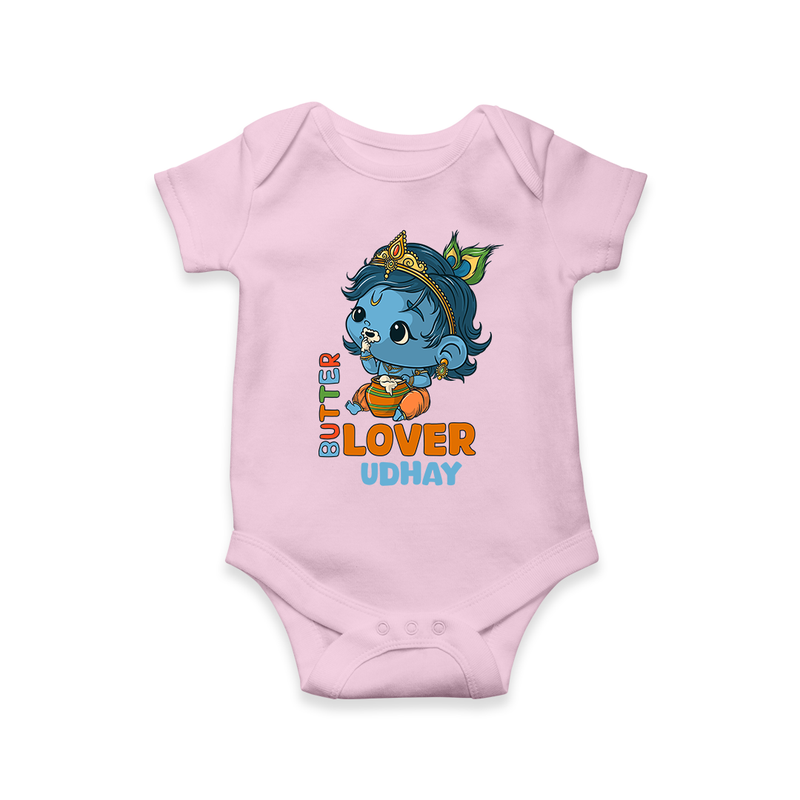 Butter Lover Krishna - Customised Romper for kids - BABY PINK - 0 - 3 Months Old (Chest 16")