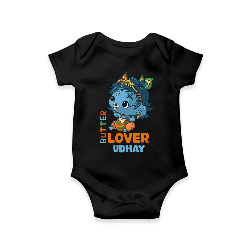 Butter Lover Krishna - Customised Romper for kids - BLACK - 0 - 3 Months Old (Chest 16")