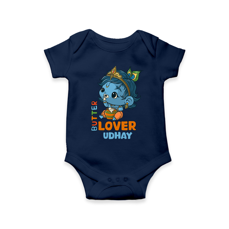 Butter Lover Krishna - Customised Romper for kids - NAVY BLUE - 0 - 3 Months Old (Chest 16")