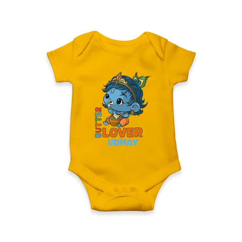 Butter Lover Krishna - Customised Romper for kids - YELLOW - 0 - 3 Months Old (Chest 16")