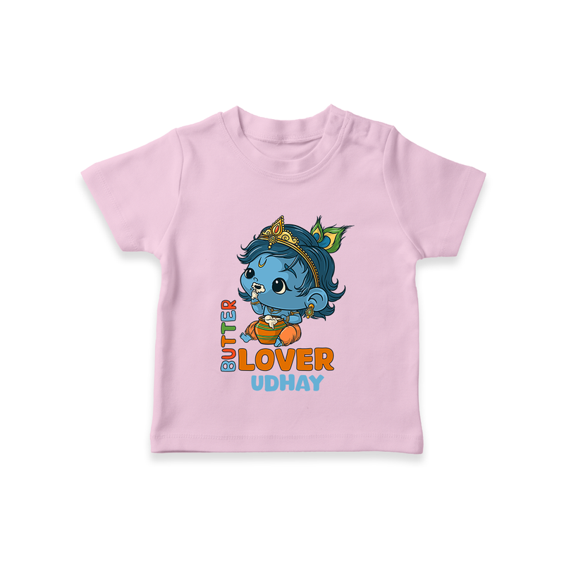 Butter Lover Krishna - Customised TShirt for kids - BABY PINK - 0-5 Months Old (Chest 17")