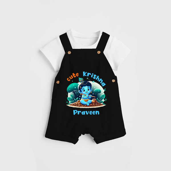 Cute Little Lord Krishna - Customised Dungaree for kids - BLACK - 0 - 5 Months Old (Chest 18")