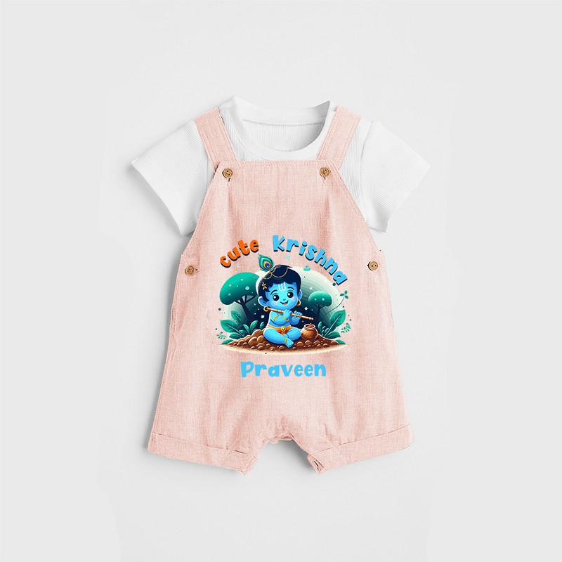 Cute Little Lord Krishna - Customised Dungaree for kids - PEACH - 0 - 5 Months Old (Chest 18")